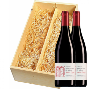 Wijnkist met 2 Château Mourgues du Grès Costières de Nîmes Galets Rouges