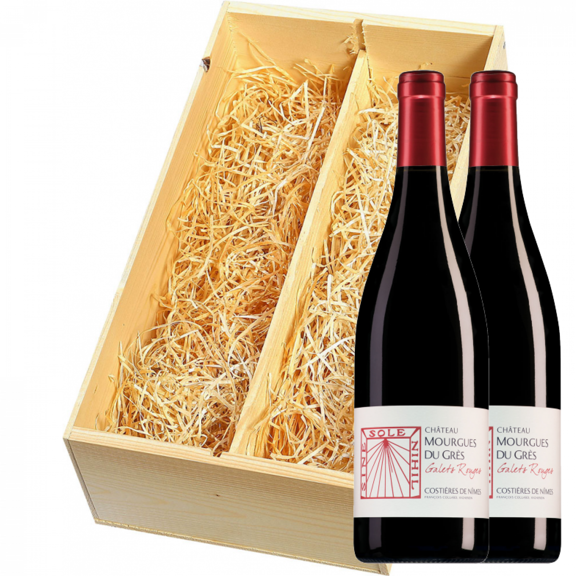 Wijnkist met 2 Château Mourgues du Grès Costières de Nîmes Galets Rouges