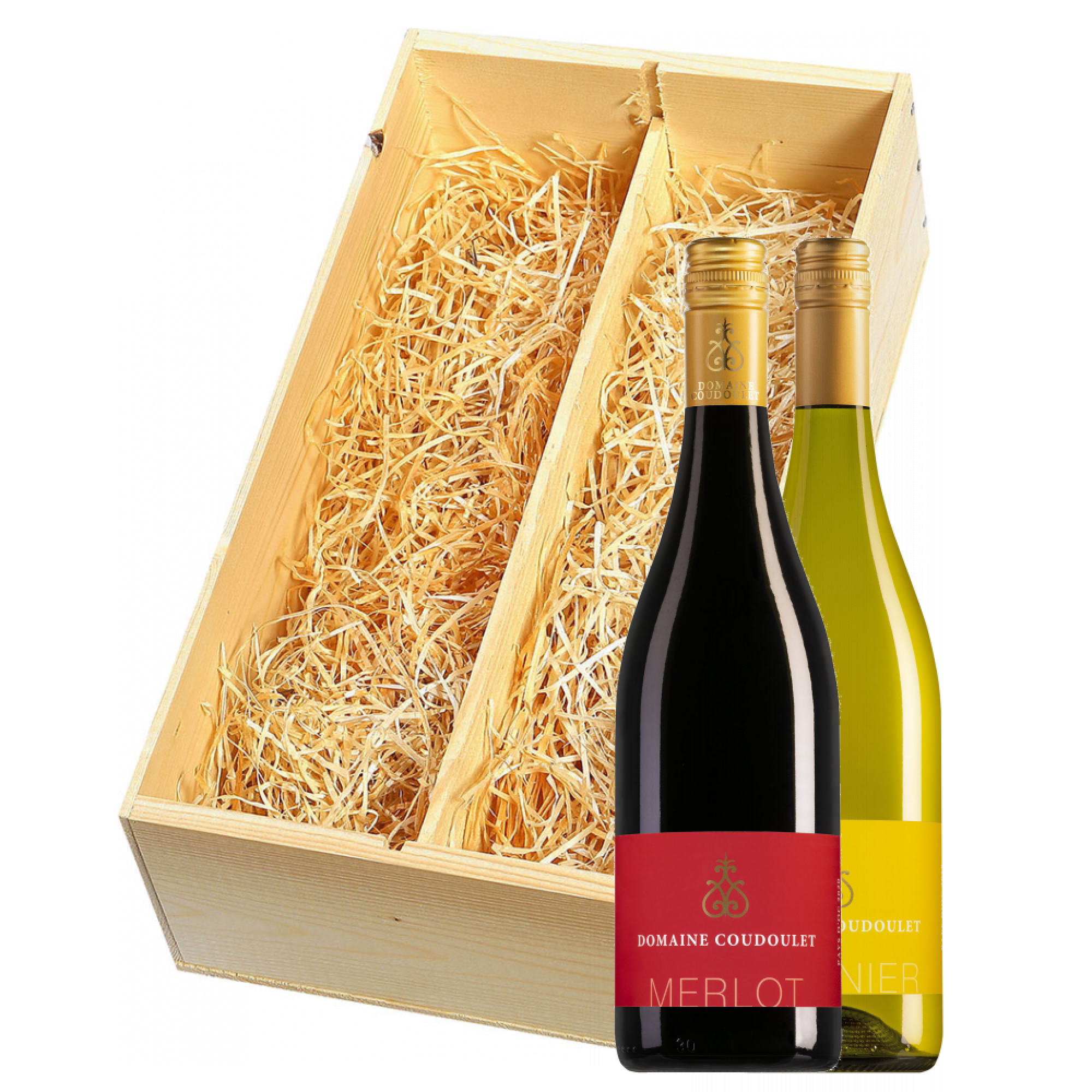 Wijnkist met Domaine Coudoulet Pays d'Oc Viognier en Merlot