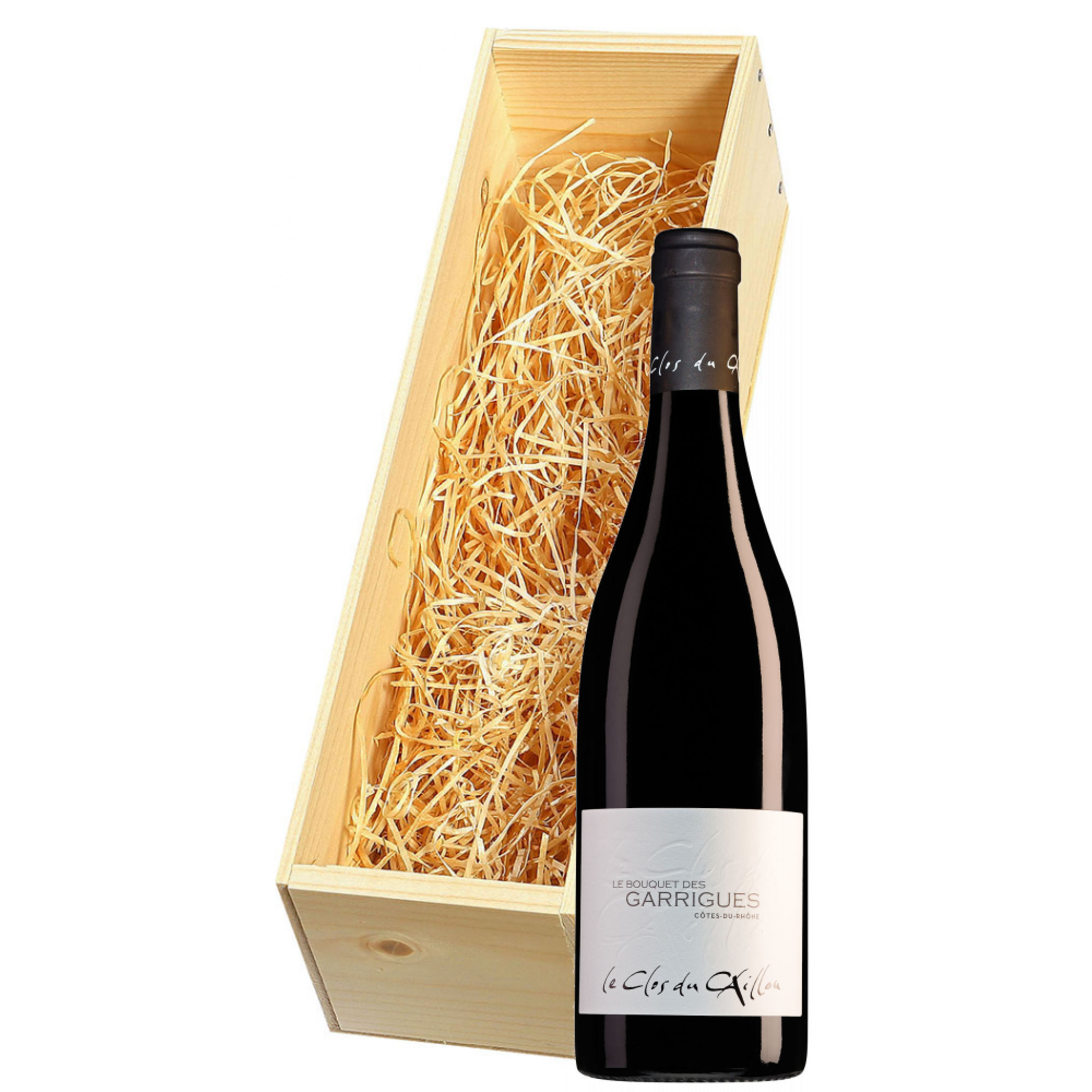 Wijnkist met Le Clos du Caillou Côtes du Rhône Le Bouquet des Garrigues rood