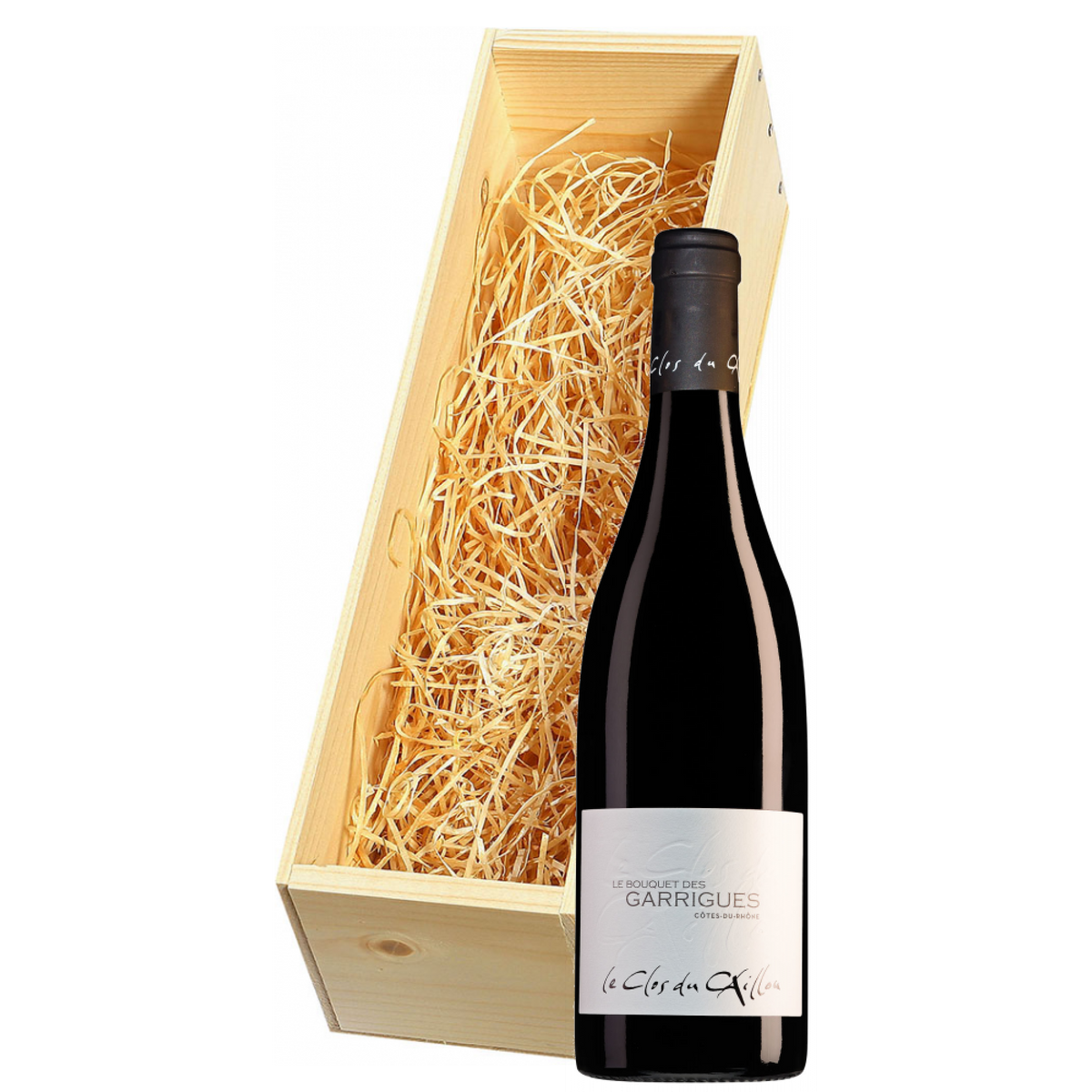 Wijnkist met Le Clos du Caillou Côtes du Rhône Le Bouquet des Garrigues rood