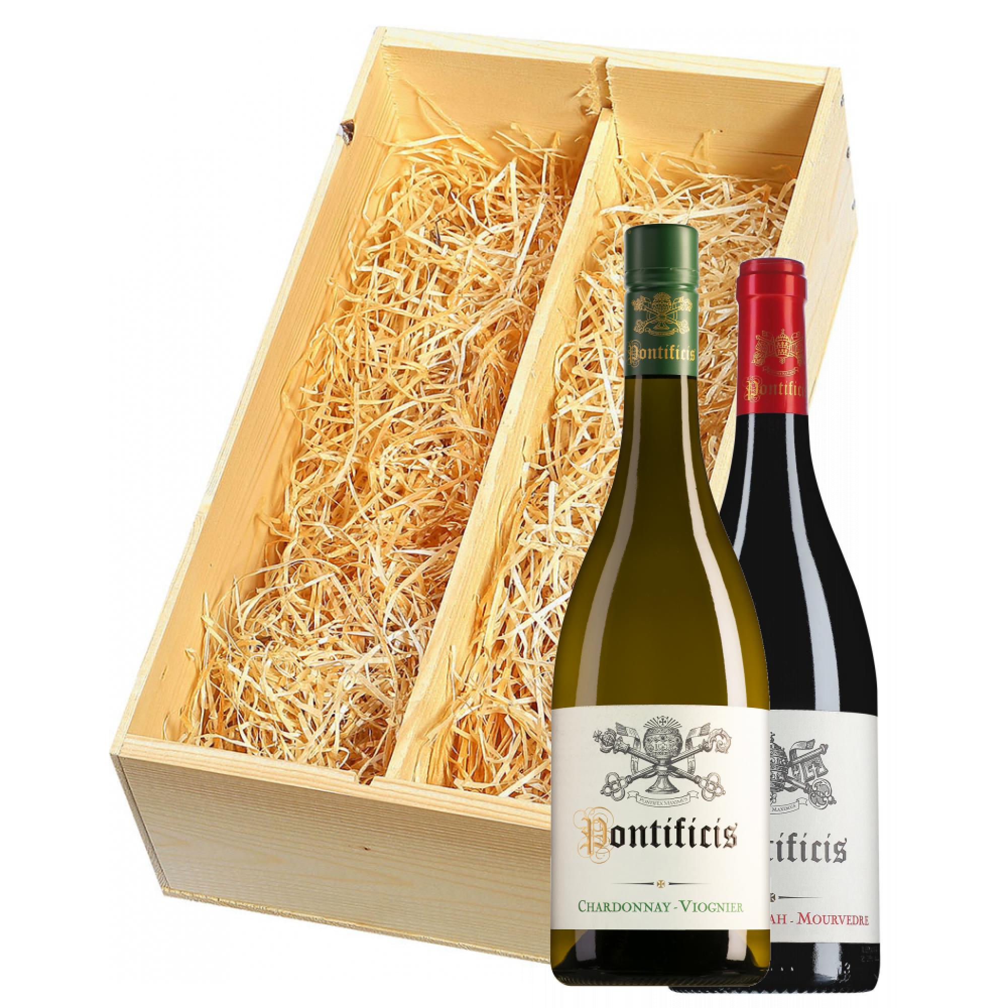 Wijnkist met Pontificis Pays d'Oc Chardonnay-Viognier en Grenache-Syrah-Mourvèdre