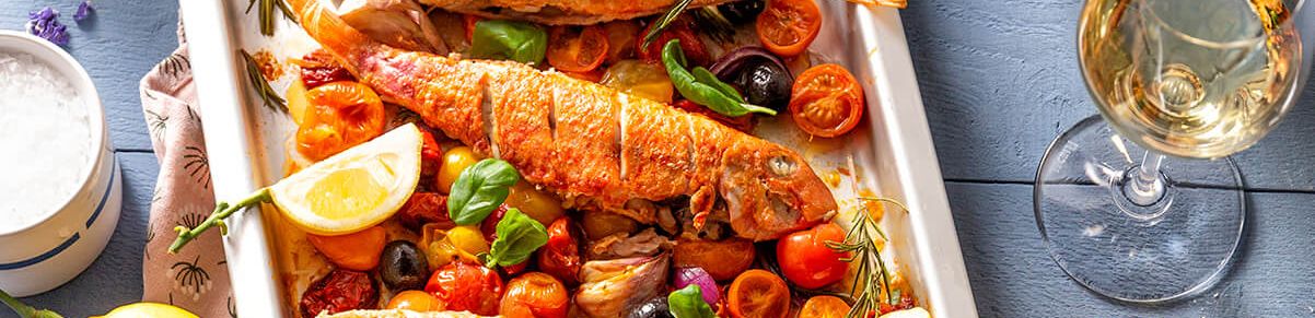 Krokant gebakken mul met mediterrane tomaatjes